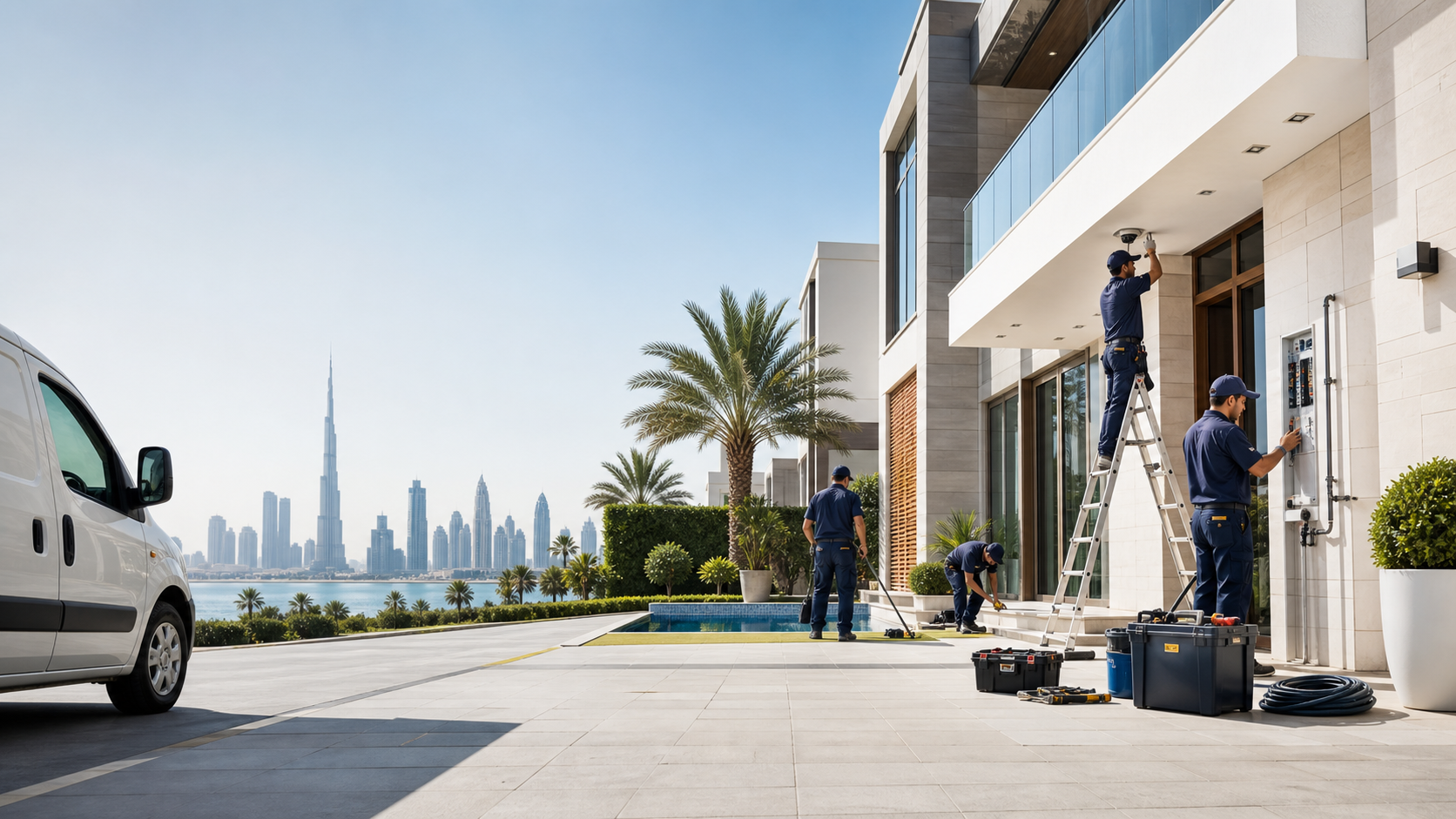 Premium building maintenance team at a modern Dubai villa